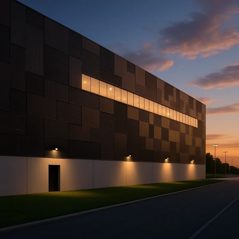 Hala przemysłowa po modernizacji elewacji nocą – oszczędność energii i ogrzewania