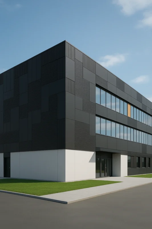 Hala produkcyjna po modernizacji elewacji z kasetonów – poprawa efektywności energetycznej