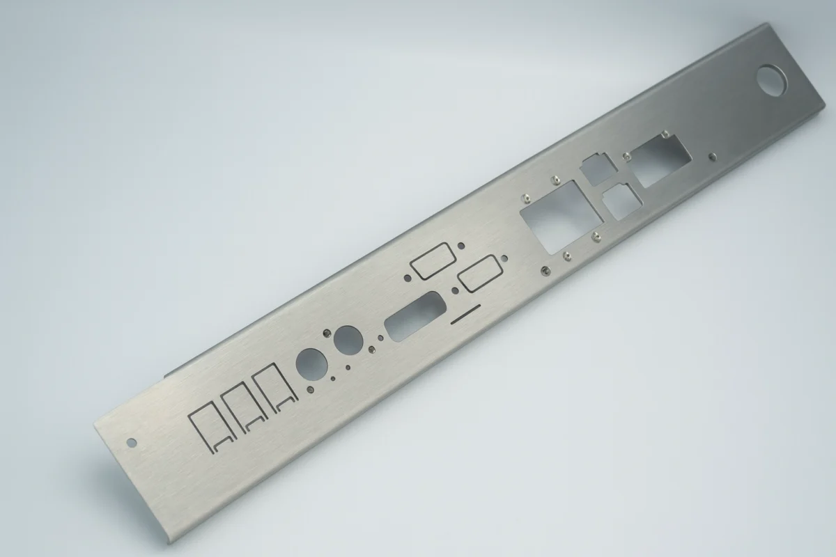 Panel ze stali nierdzewnej z&nbsp;otworami i&nbsp;przetłoczeniami, wykonany w&nbsp;technologii cięcia laserowego – obróbki blaszane