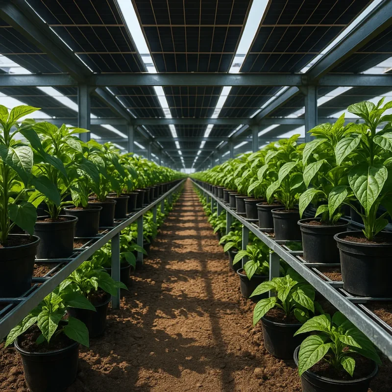 Rzędy warzyw uprawiane pod panelami fotowoltaicznymi w systemie agrofotowoltaiki