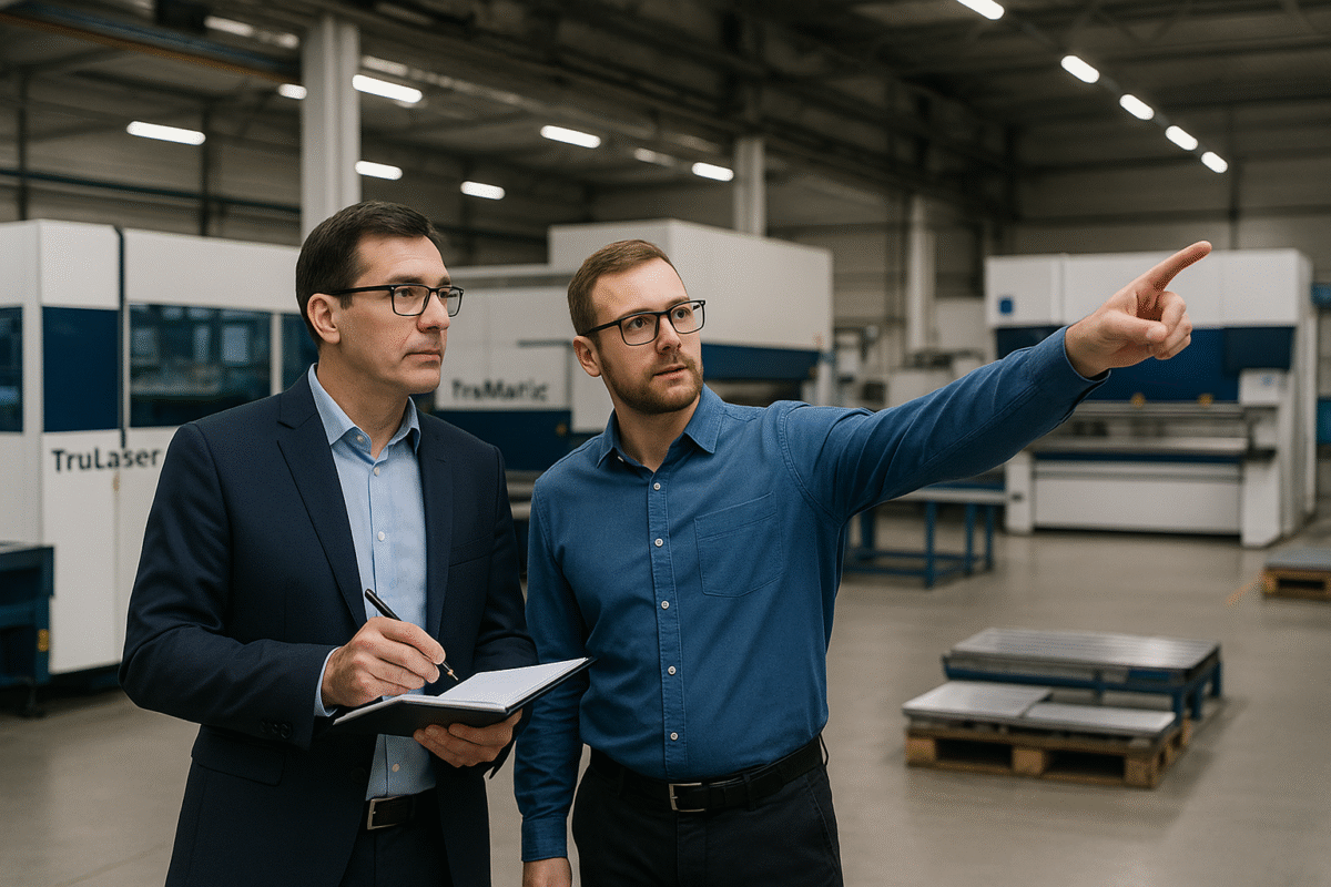 Dwóch specjalistów podczas audytu ISO 9001 w zakładzie przemysłowym PG Group
