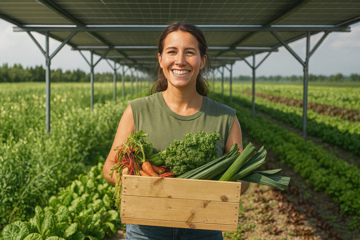 Rolniczka trzymająca skrzynkę świeżych warzyw pod konstrukcją agrowoltaiczną PG Group.