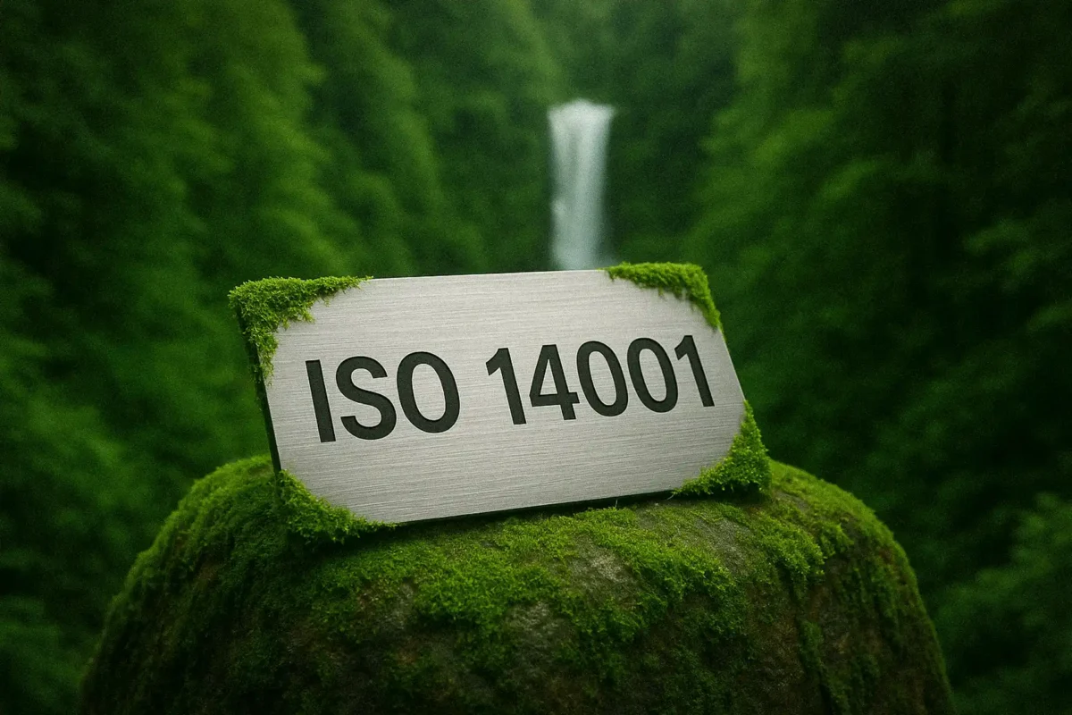 Certyfikat ISO 14001 umieszczony na tle zielonej natury z wodospadem, symbolizujący ekologię i zrównoważony rozwój
