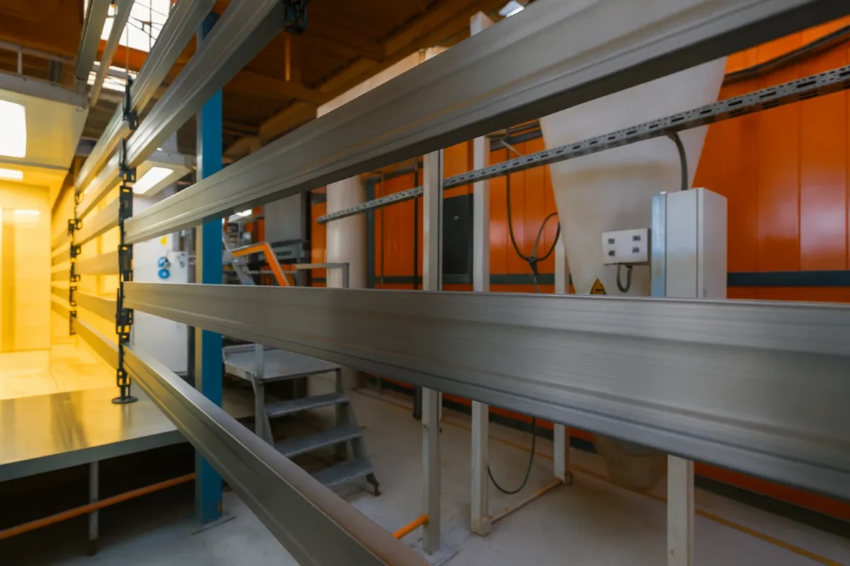 Profil metalowy na linii produkcyjnej w lakierni proszkowej