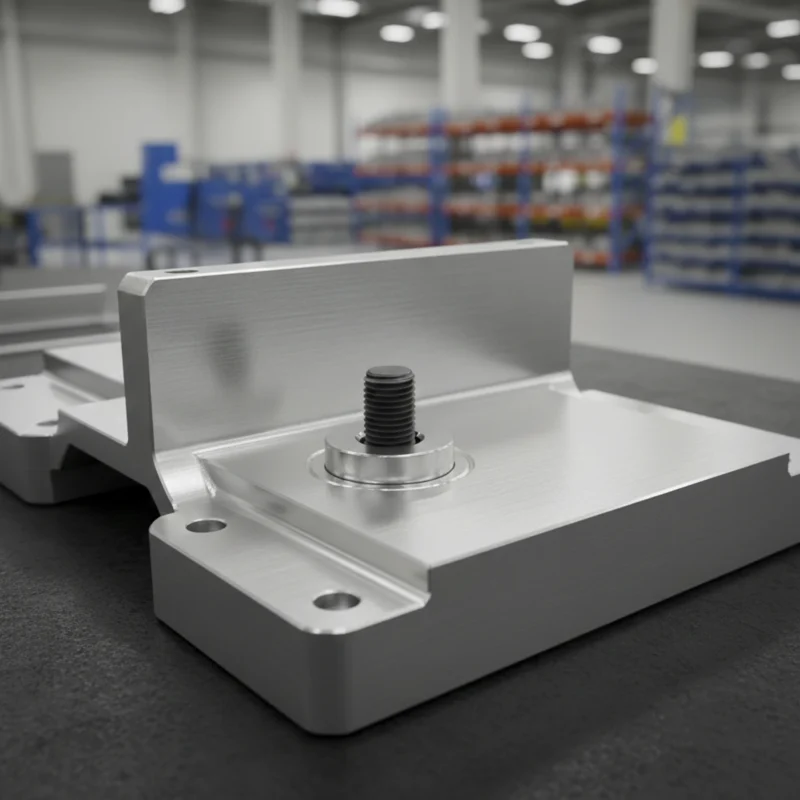 Komponent blachowy aluminiowy lub stalowy z&nbsp;wciśniętą śrubą gwintowaną pokazujący wysoką jakość procesu pemowania i&nbsp;czystość połączenia