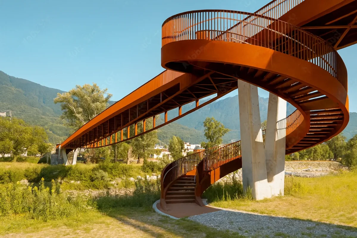 Kręta kładka piesza ze stali corten z balustradami nad terenem zielonym