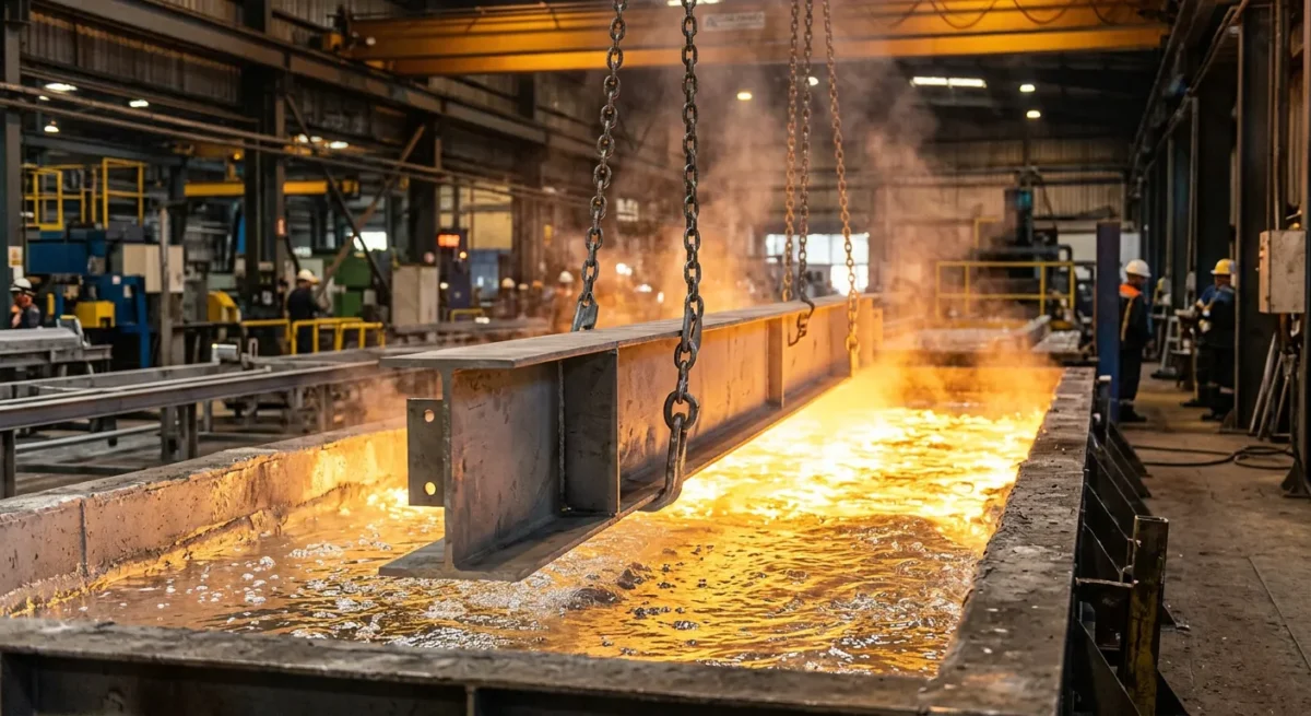 Zanurzanie dużej konstrukcji stalowej w&nbsp;wannie z&nbsp;płynnym cynkiem o&nbsp;temperaturze 450 stopni.