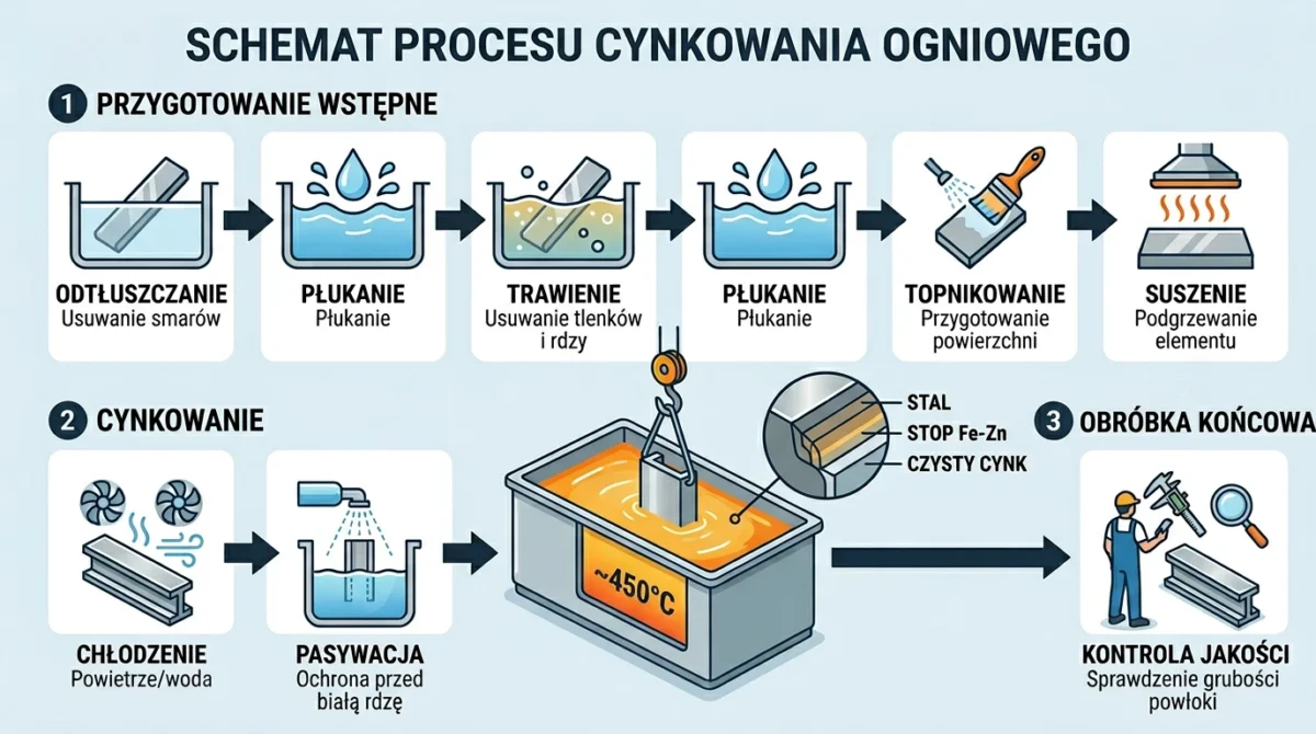 Infografika przedstawiająca etapy cynkowania ogniowego: odtłuszczanie, trawienie, topnikowanie i&nbsp;cynkowanie.