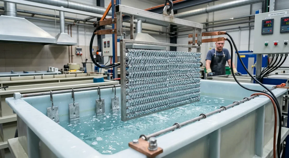 Proces cynkowania galwanicznego drobnych elementów stalowych w&nbsp;wannie elektrolitycznej.