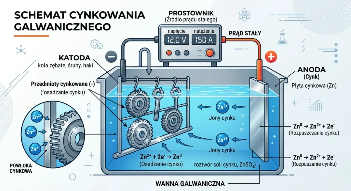 Czytelny schemat procesu cynkowania galwanicznego: anoda, katoda i&nbsp;roztwór soli cynku.